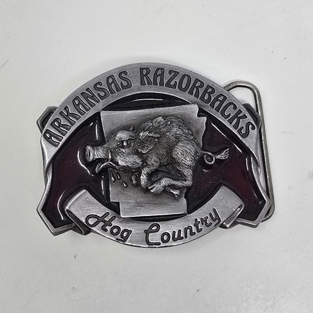 Vtg Arkansas Razorbacks Belt Buckle Mens OS Silver Red 1987 Hog Country